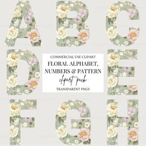 Könnte beinhalten: Blumenalphabet Buchstaben A bis H, jeweils gefüllt mit einem Blumenmuster aus weißen, rosa und lila Blumen auf grünem Hintergrund. Das Bild enthält auch den Text "COMMERCIAL USE CLIPART, FLORAL ALPHABET, NUMBERS & PATTERN, clipart pack, TRANSPARENT PNGS."