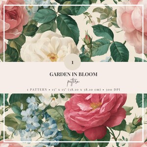 Patrón botánico Jardín en Flor – Flores de jardín estilo acuarela, patrón digital atemporal para proyectos creativos y uso comercial.