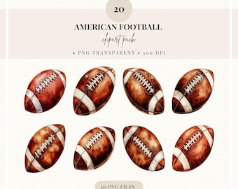 アメリカンフットボールのクリップアートパック | 水彩風フットボールグラフィック20点 | 300DPI透明PNGファイル | 商用利用可能なスポーツクリップアート