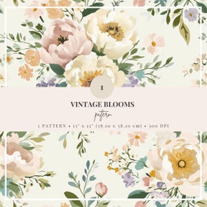 Motif floral héritage romantique - Design botanique antique de fleurs sauvages, fleurs de jardin vintage neutres, oeuvre d'art pastel douce élégante