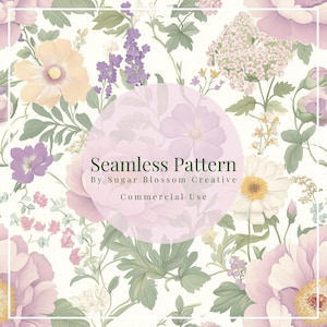May include: A seamless pattern featuring a variety of flowers in shades of pink, white, and yellow. The flowers are arranged in a repeating pattern on a white background. The text "Seamless Pattern" is displayed in a circle with the text "By Sugar Blossom Creative" and "Commercial Use" below it.