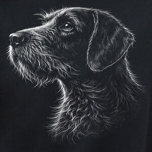 May include: A detailed black and white illustration of a dog's head in profile. The dog has a long snout, floppy ears, and a shaggy coat. The artwork is rendered with fine lines, creating a textured appearance against the black background.