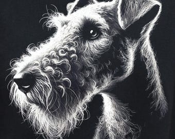 May include: A black and white illustration of a Wire Fox Terrier dog's head. The dog is looking to the right and has a lot of white fur.