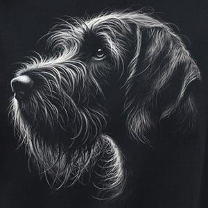 May include: A detailed black and white illustration of a dog's head, showcasing a long-haired breed. The dog's fur is rendered with fine white lines, creating a textured effect against the dark background. The dog's eye is visible.