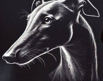 May include: A black and white illustration of a Greyhound dog's head in profile. The artwork highlights the dog's sleek features, with detailed white lines defining the fur, eye, and long snout against a dark background.
