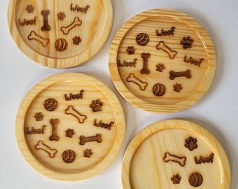 Laser Engraved Wooden Coasters - Dog Themed (woof, bone, paw print, ball)