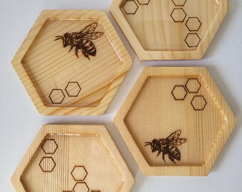 Laser Engraved Wooden Coasters - Honey Bees