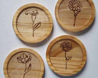 Laser Engraved Wooden Coasters - Flowers