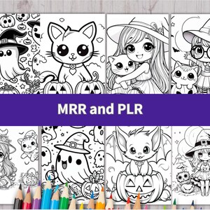 May include: A collection of eight black and white coloring pages featuring Halloween themes with ghosts, cats, witches, and pumpkins. The pages are arranged in a grid with the text MRR and PLR displayed in a purple banner across the center.