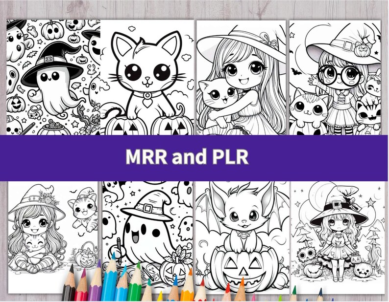May include: A collection of eight black and white coloring pages featuring Halloween themes with ghosts, cats, witches, and pumpkins. The pages are arranged in a grid with the text MRR and PLR displayed in a purple banner across the center.