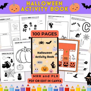 May include: A Halloween Activity Book with 100 pages, featuring various spooky-themed activities. The cover displays a pumpkin, a black cat, and the text "Halloween Activity Book." Includes scissor skills, coloring, and other fun exercises.