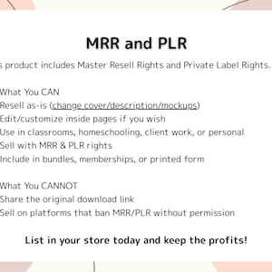 May include: A white informational graphic titled MRR and PLR detailing usage rights. It lists permissions including reselling as-is, editing pages, and using in classrooms or client work, alongside restrictions like sharing download links or selling on banned platforms.