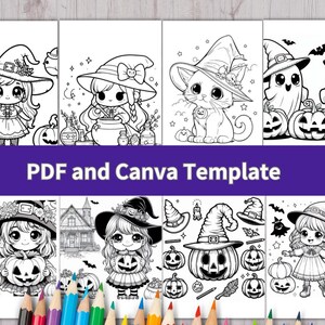 May include: A collection of black and white coloring pages featuring Halloween themes including characters in witch hats, pumpkins, ghosts, and houses. The set is presented as a PDF and Canva template with various illustrations for coloring activities.