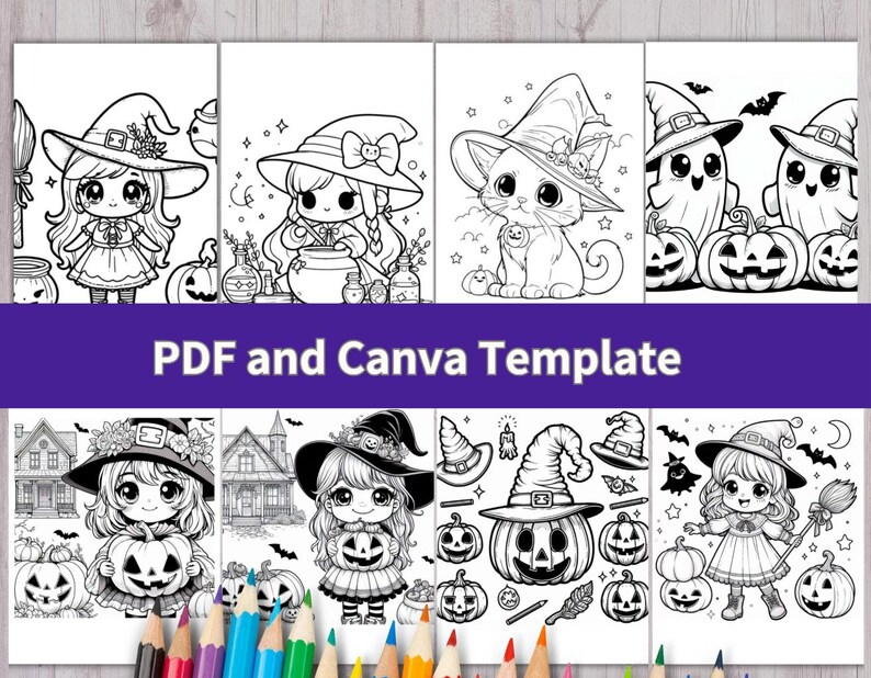 May include: A collection of black and white coloring pages featuring Halloween themes including characters in witch hats, pumpkins, ghosts, and houses. The set is presented as a PDF and Canva template with various illustrations for coloring activities.