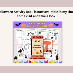 May include: A digital Halloween activity book featuring 100 pages of printable worksheets with pumpkin, ghost, bat, and cat illustrations. The cover displays the text Halloween Activity Book, MRR and PLR, and PDF OR EDIT IN CANVA.