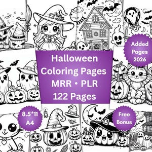May include: A collection of black and white Halloween coloring pages featuring pumpkins, ghosts, cats, and haunted houses. The central purple graphic displays the text: Halloween Coloring Pages, MRR, PLR, 122 Pages, 8.5*11, A4, and Added Pages 2026.