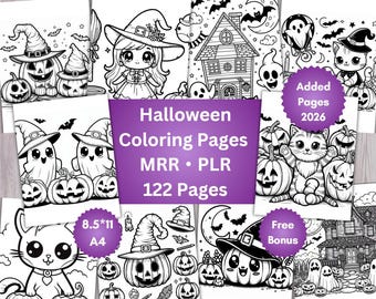 May include: A collection of black and white Halloween coloring pages featuring pumpkins, ghosts, cats, and haunted houses. The central purple graphic displays the text: Halloween Coloring Pages, MRR, PLR, 122 Pages, 8.5*11, A4, and Added Pages 2026.