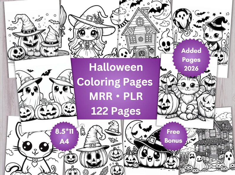 May include: A collection of black and white Halloween coloring pages featuring pumpkins, ghosts, cats, and haunted houses. The central purple graphic displays the text: Halloween Coloring Pages, MRR, PLR, 122 Pages, 8.5*11, A4, and Added Pages 2026.