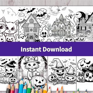 May include: A collection of eight black and white Halloween-themed coloring pages featuring illustrations of cats in witch hats, jack-o'-lanterns, ghosts, bats, and haunted houses. The text Instant Download is centered in a purple banner.