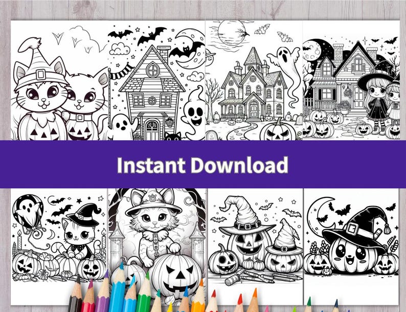 May include: A collection of eight black and white Halloween-themed coloring pages featuring illustrations of cats in witch hats, jack-o'-lanterns, ghosts, bats, and haunted houses. The text Instant Download is centered in a purple banner.