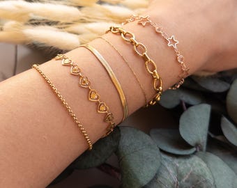 18K Gold Filled Chain Bracelet: Dainty Paperclip, Herringbone, Snake