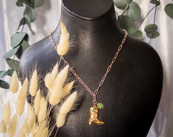 Collar de Bota y Sombrero Vaquero Chapado en Oro, Collar de Estilo Cowgirl, Joyería Country, Regalo de Cumpleaños, Joyería Western
