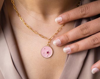 Pink Star Charm Necklace – Coquette Gold Jewelry for Women, Cute Celestial Pendant, Kawaii Gift for Her, Minimalist Layered Necklace