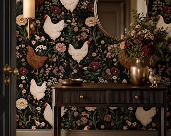 Farmhouse Chicken Wallpaper | Vintage Floral Peel and Stick Wallpaper | Cottagecore Rooster Wall Mural | Country Kitchen Removable Wallpaper