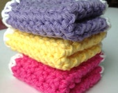 Gift for Her Coaster Set of 3 Cotton Washcloths Fiesta Hot Pink, Deep Lavender and Canary Yellow White Cotton Pot Holder Mother s Day