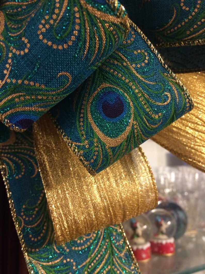 Christmas Peacock Tree Topper Bow Gold Feathers Turquoise Blue Etsy