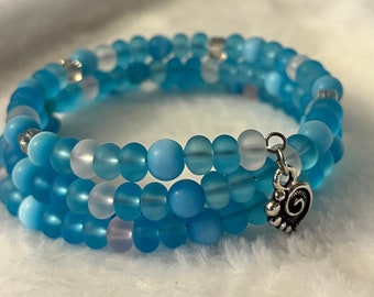 Sky Blue Memory Wire Gzech Beads Bracelet with Silver Heart Charm // Stretchy Wire Cuff / Swarovski Beads Bracelet / Handmade Gift for Her