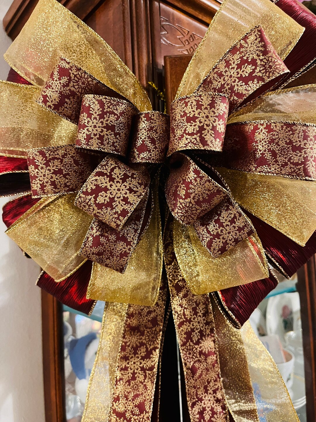Large Tree Topper Bow Burgundy and Gold / Gold Snowflakes Bow for
