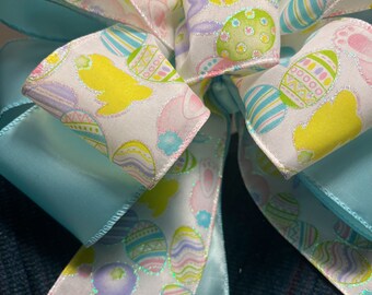 Peeps Bunnies Bow For Easter Wreath Easter Eggs and Bunnies Pastel Blue White Purple Pink Bow for Gift Basket Bow Handmade Gift for Her