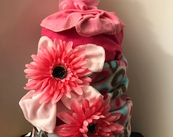 It’s a Girl Pink Diaper Cake / Pink & Blue Flowers Daisy / Little Owl / Baby Shower Decor / Gift for Her /Handmade Gift for New Mom
