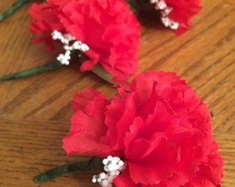 Small Corsage Set of 5 Red Carnation Boutonniere Silk Handmade for Wedding Ceremony Gift For Her Prom