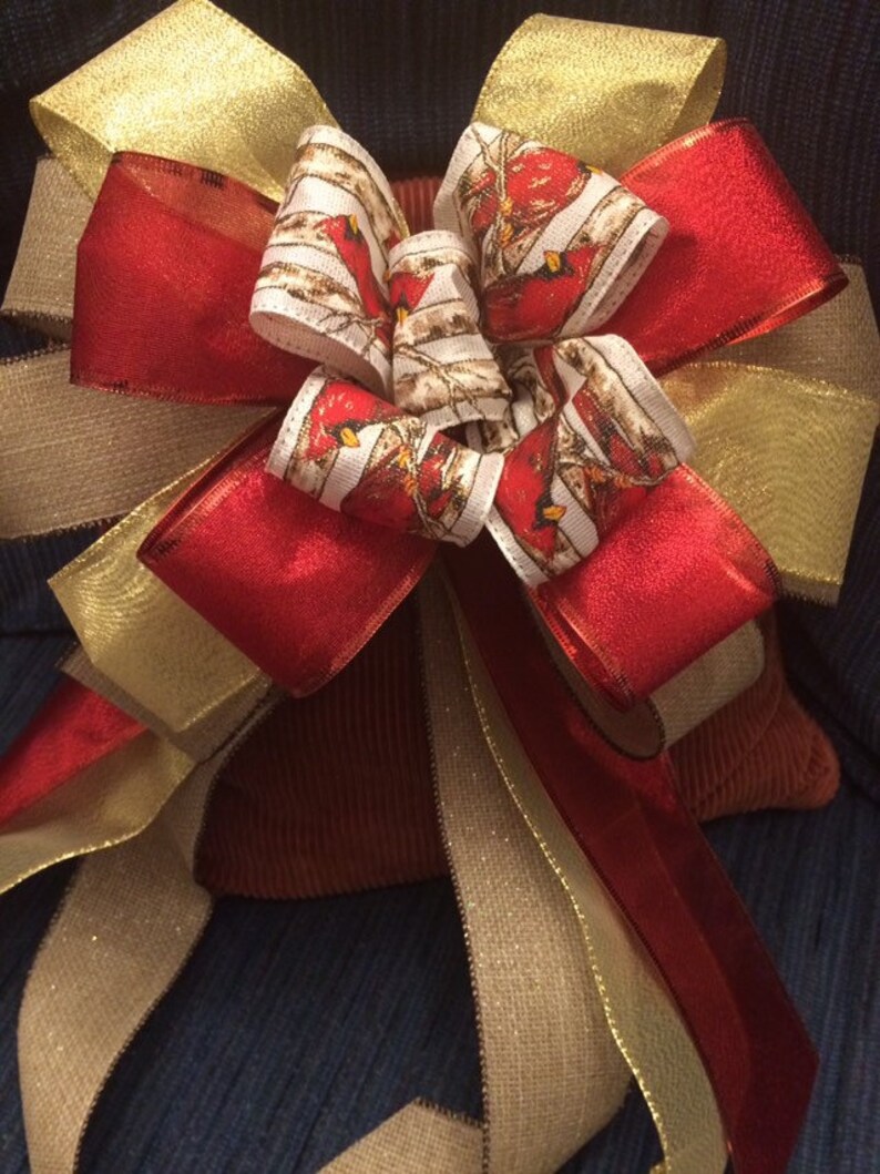 Christmas Tree Topper Bow With Streamers Red Cardinal Bird Etsy