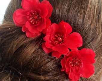 Hair Pin Set of 3 Red Flowers Prom Accessories,  Wedding Handmade Gift for Her Bun Chignon Bobby Hair Pin for Bridesmaid for Flower Girl