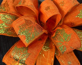 Fall Tree Topper Bow, Orange & Green Leaf Decor