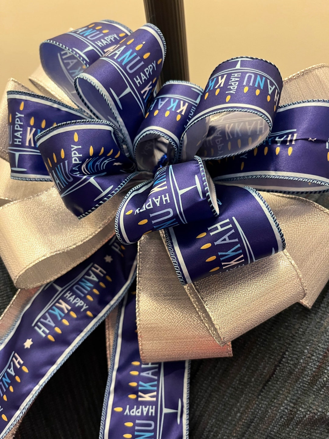 Hanukkah Tree Topper Bow Sheer Blue Silver Candles Big Wreath Etsy