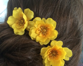 Hair Pin Set of 3 Yellow Flowers  Handmade Bun Chignon Bobby Hair Pin Prom Wedding Bridesmaid Flower Girl Special Occasion Gift For Her