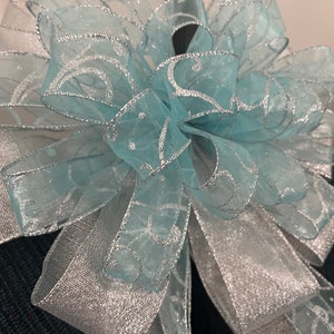 Sheer Blue Tree Topper Bow / Light  Blue Silver Swirls / Giant Tree topper  Bow for Christmas tree / with long Streamers / Bow for Wreath