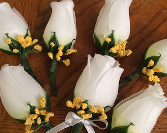 White Rose Boutonniere Set of 7 / Small Corsage Handmade / Easy Care Wedding Accessories / Gift for Him /  for Wedding Ceremony / Easter