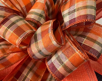 Plaid Fall Bow, Pumpkin Orange & Green Ribbon, Wreath or Tree Topper
