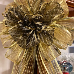 Gold & Black Tree Topper Bow with Streamers / Sheer Bow with Stripes / Christmas Decoration / Wreath Bow / Wired Ribbon