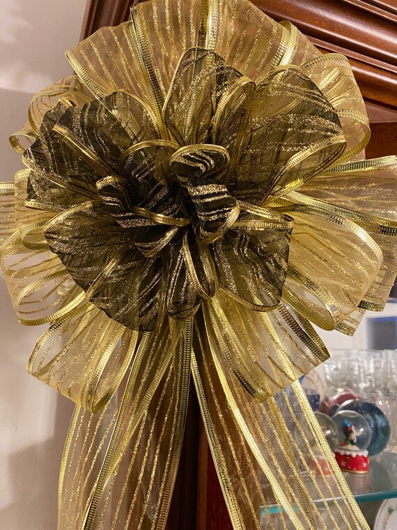 Christmas Wreath Bows - Wired Sheer Gold Christmas Bow 6 Inch