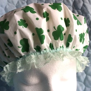 Waterproof Shower Cap / Gift for Her / Bonnet Green and White / Irish Clover Leaves / Gift for Spa / Gift for Irish / Gift for Mom