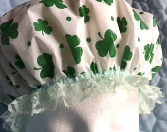 Waterproof Shower Cap / Gift for Her / Bonnet Green and White / Irish Clover Leaves / Gift for Spa / Gift for Irish / Gift for Mom