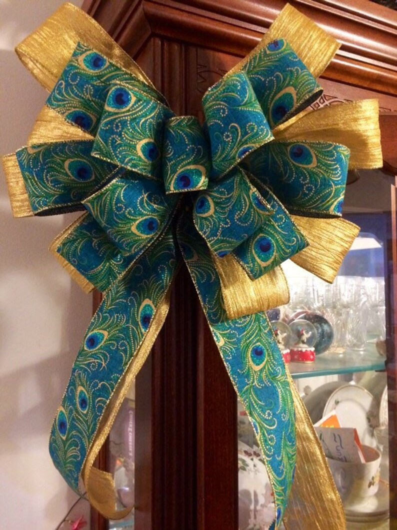 Christmas Peacock Tree Topper Bow Gold Feathers Turquoise Blue Etsy