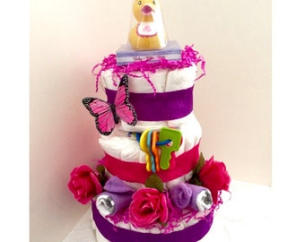 It's A Girl Diaper Cake / Gift for Her / Little Yellow Ducky / Butterfly Purple & Pink Roses Lavender / Gift for Baby Shower