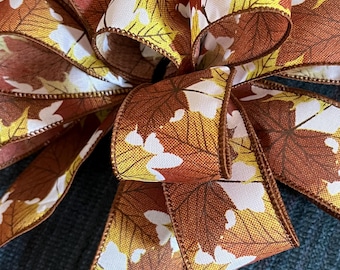 Fall Leaves Wired Ribbon Bow - Autumn Home Decor, Tree Topper